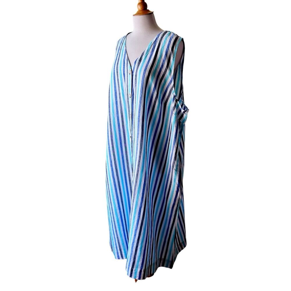 NWT Liz Claiborne Striped Blue White Linen Cotton Sleeveless Dress - Picture 7 of 9